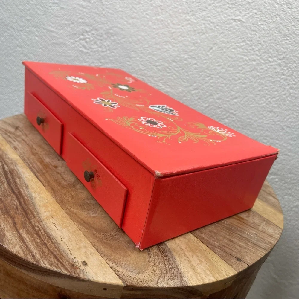 Vintage l 70s Bohemian Boho Metallic Floral Cardboard Vanity Jewelry Box Drawers